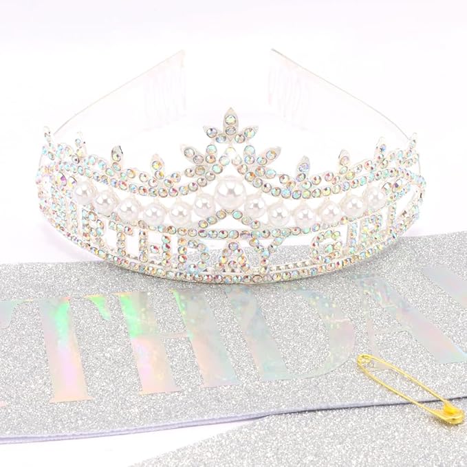 Sliver Birthday Girl Crown and Sash, Pearl Birthday Tiara,Sliver Birthdays Decorations Set, Princess Crown Tiara for Women and Girls