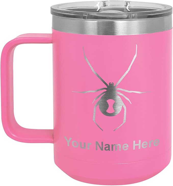 LaserGram 15oz Vacuum Insulated Coffee Mug, Widow Spider, Personalized Engraving Included (Pink)