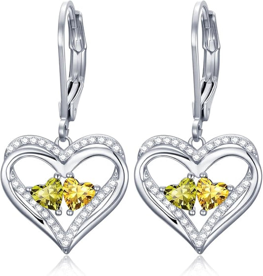 Heart Leverback Earrings Double Birthstone Dangle Earrings for Women, Love Jewelry for Her, Christmas Gifts for Women, Anniversary Birthday Gift for Mom Wife Girlfriend