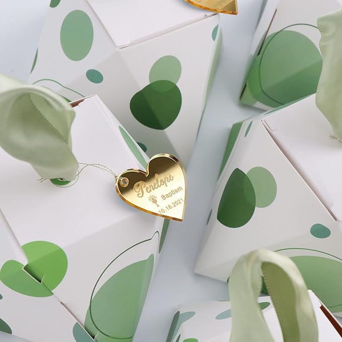 30Pcs Custom Wedding Mirror Tags with Holes,Personalized Acrylic Heart Tags,Lettering Name Logo for Baby Shower Favor Valentines Day Handmade Items Wedding Favors Birthday Party