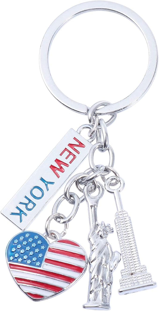 jojofuny Statue of Liberty Keychain with Multi Charms - New York USA Souvenir Collection Featuring Liberty, Flag, Heart & Pentagon, Patriotic Present for Travelers & Americans
