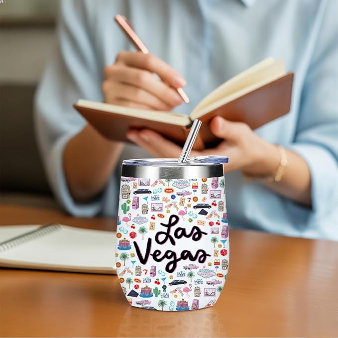 Las Vegas Gifts Travel Souvenir Wine Tumbler 12 oz Insulated Wine Glass Cup with Lid Straw Vacuum Insulated Cup,Travel Lovers Gifts for Women Men Friend Birthday Christmas Friendship