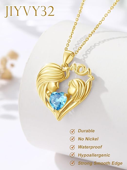 Mother and Daughter/Son Love Heart Necklace White Gold/14K Gold/Rose Gold Birthstone Jewelry Christmas Mothers Day Birthday Gifts For Mom Wife Grandma Women