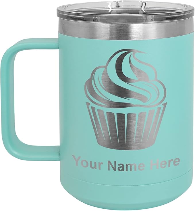 LaserGram 15oz Vacuum Insulated Coffee Mug, Cup Cake, Personalized Engraving Included (Teal)