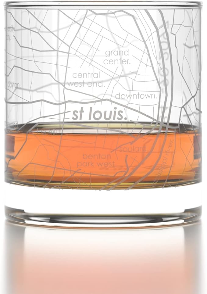 Well Told Engraved St. Louis Missouri Map Rocks Glass, Old Fashioned Whiskey Glass (11 oz, Clear) Etched Whiskey Glass, Gifts For Whiskey Lovers