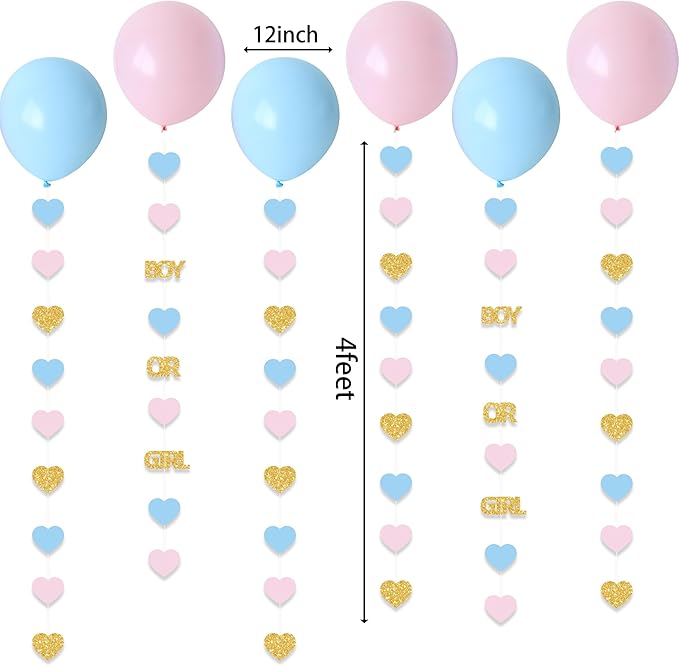 Boy or Girl Gender Reveal Decorations 6PC Pink Blue Balloon Tails with Heart Streamer Garland for Baby Shower Decorations