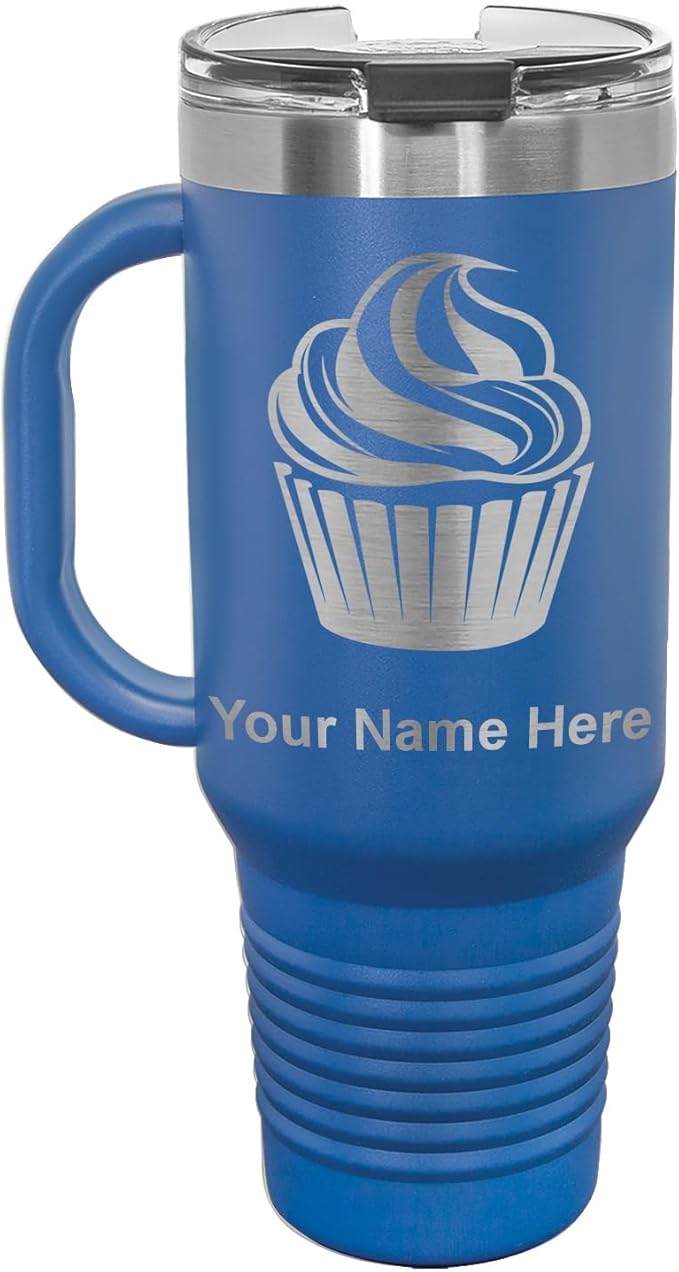 LaserGram 40oz Vacuum Insulated Travel Mug with Handle, Cup Cake, Personalized Engraving Included (Dark Blue)