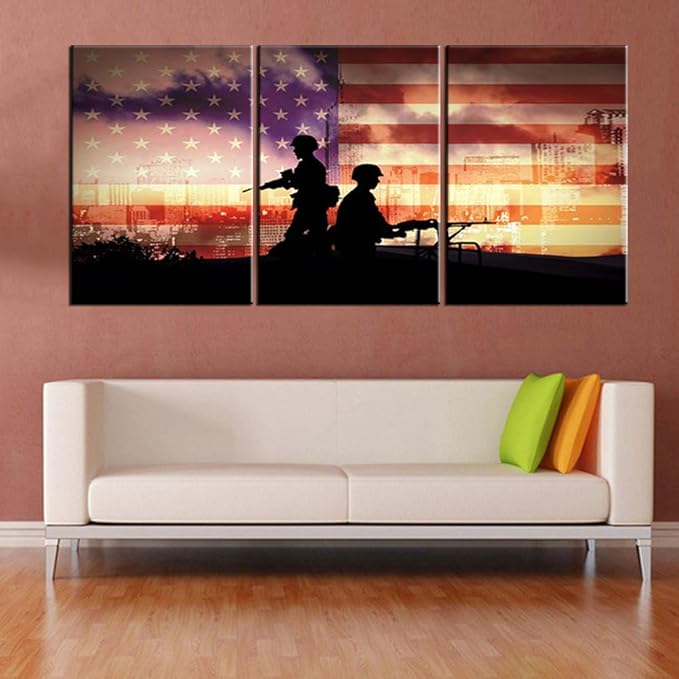 TUMOVO 3 Piece Canvas Wall Art Modern American Flag Paintings for Living Room Soldiers Silhouettes Pictures HD Prints White Stars Artwork Home Decor Giclee Framed Stretched Ready to Hang(60''Wx28''H)