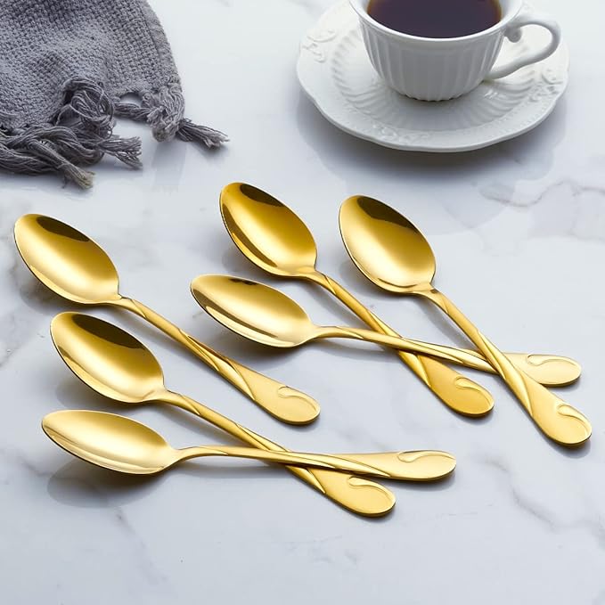 Gold Dinner Spoon Set, Seeshine 7.6-inch Stainless Steel Shiny Gold Table Spoon Silverware, Set of 6