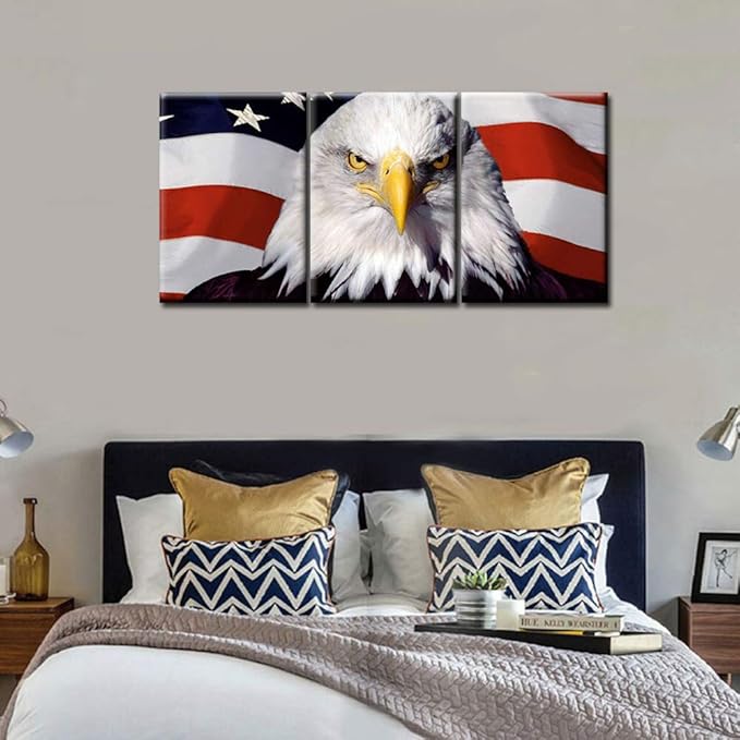 Patriotic Pictures for Living Room USA Flag and Bald Eagle Head Artwork White Red Stripes Paintings 3 Piece Canvas Wall Art Contemporary Home Decor Framed Ready to Hang Posters and Prints(42''Wx20''H)