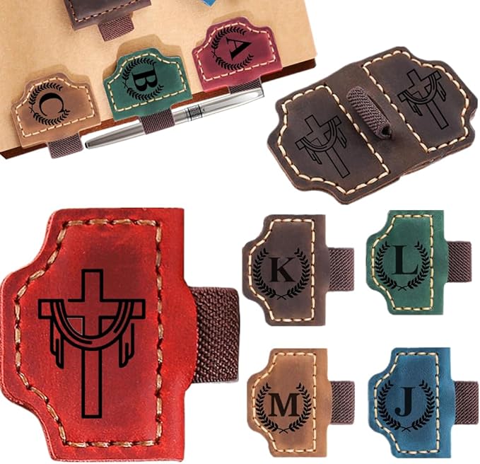 Custom Bookmark with Pen Holder with 26 Letters Personalized Magnetic Leather Book Mark, Customized Name Book Marker Clip with Initial for Men Women, Gifts for Book Lovers, Readers, (Red, Cross-2)