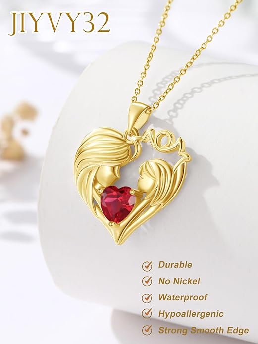 Mother and Daughter/Son Love Heart Necklace White Gold/14K Gold/Rose Gold Birthstone Jewelry Christmas Mothers Day Birthday Gifts For Mom Wife Grandma Women