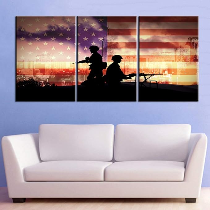 Native American Flag Wall Decor USA Soldiers Paintings Military Gun Black Pictures 3 Panel Canvas Wall Art Bedroom House Decor Patriotic Artwork Framed Ready to Hang Posters and Prints(42''Wx20''H)