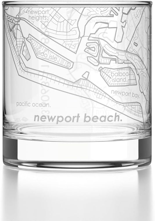 Well Told Engraved Newport Beach California Map Rocks Glass, Old Fashioned Glassware (11 oz, Clear) Etched Bourbon Tumbler, Gifts For Whiskey Lovers