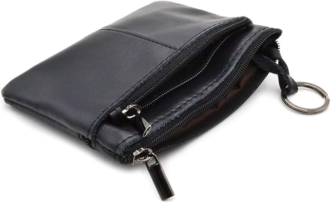 Multi-Functional Genuine Leather Wallet - Wine Red Compact Card Holder with 3 Zippers, Built-in Key Ring & Coin Purse for Travel (black)
