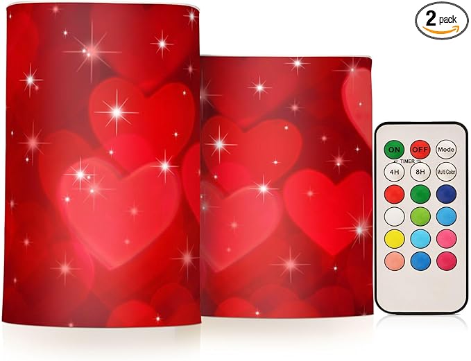 ALAZA Valentines Day Glitter Red Hearts Flickering Flameless Candles Battery Operated with Remote Timer,Tea Light Candles LED Pillar Votive Candles Set of 2 for Outdoor Indoor Decorations