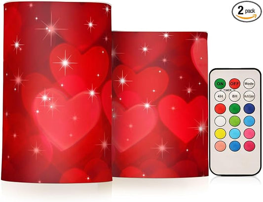 ALAZA Valentines Day Glitter Red Hearts Flickering Flameless Candles Battery Operated with Remote Timer,Tea Light Candles LED Pillar Votive Candles Set of 2 for Outdoor Indoor Decorations