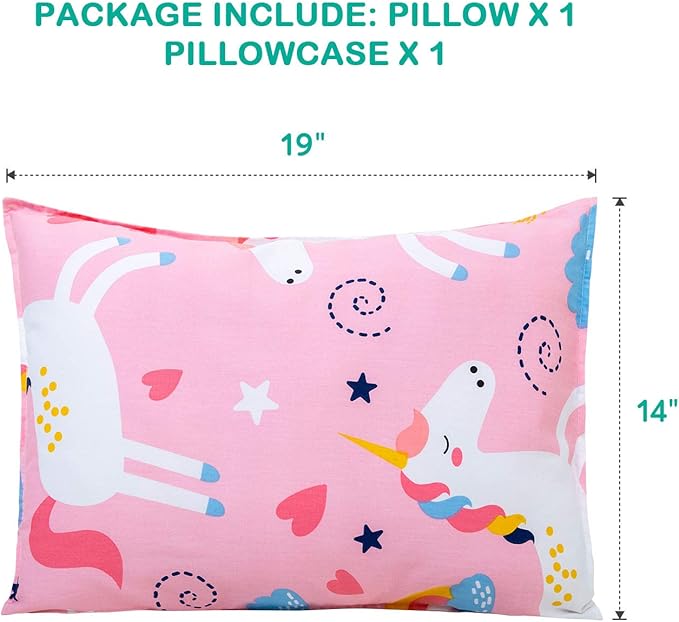 Cottonblue Toddler Pillow Set with Organic Cotton Pillowcase, Pink Unicorn, 14x19 inches, Machine Washable