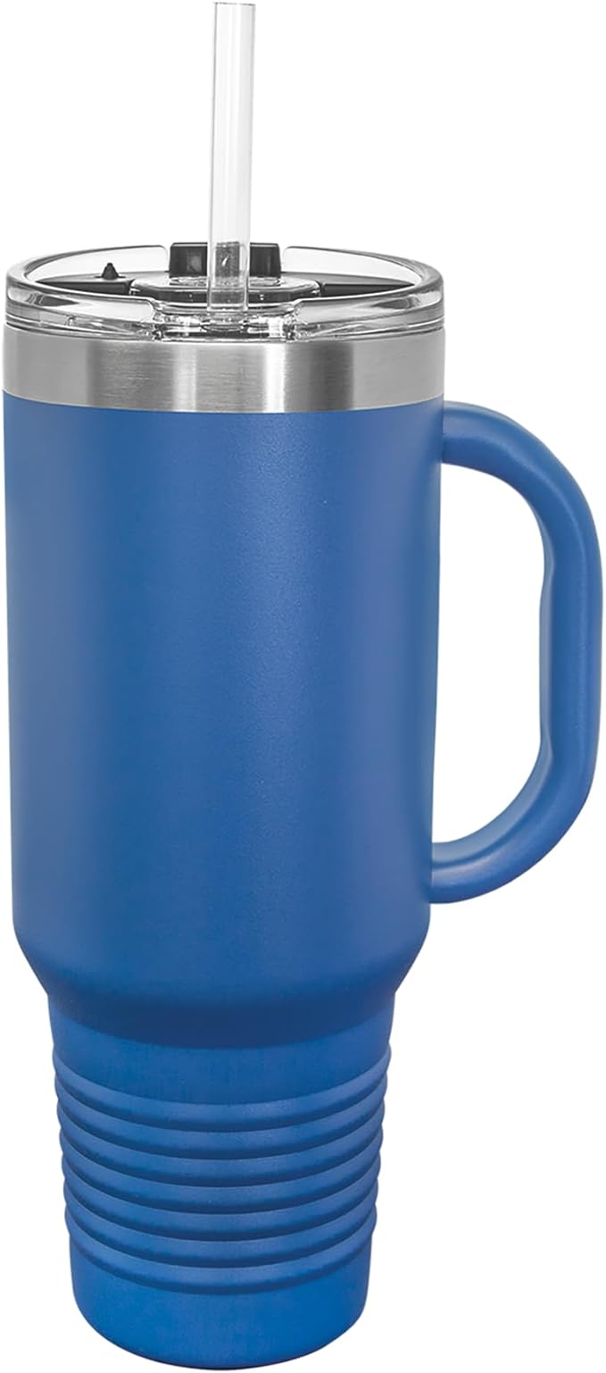 LaserGram 40oz Vacuum Insulated Travel Mug with Handle, Cup of Coffee, Personalized Engraving Included (Dark Blue)