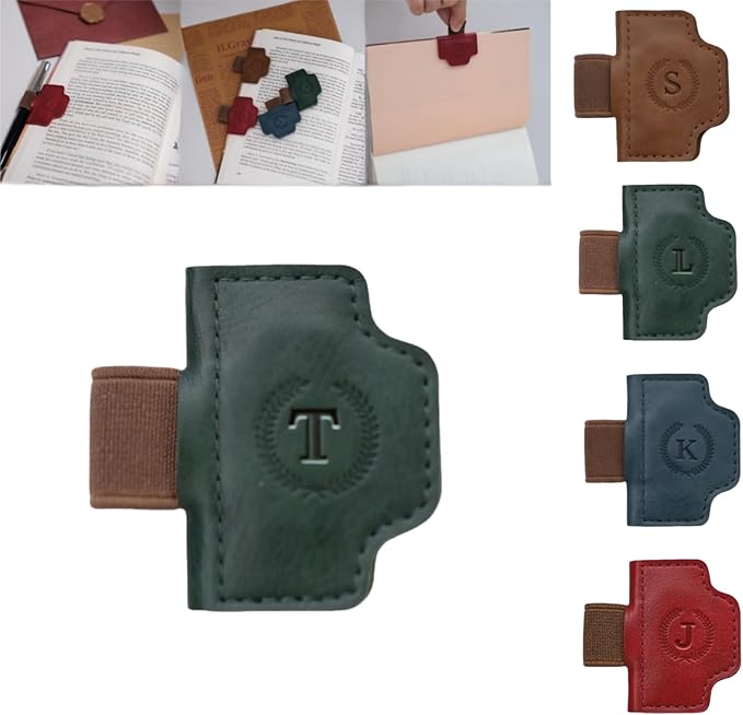 Personalized Magnetic Bygone Mark Bookmark with Pen Holder, 26 Letters Name Initial Custom Leather Book Mark for Women, Gifts for Book Lovers and Readers (Green,T)