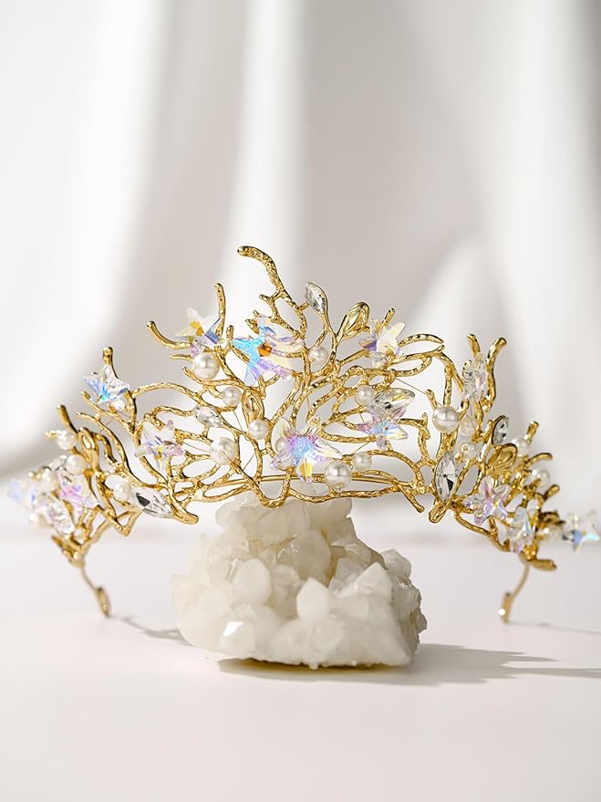SWEETV Mermaid Tiara for Girls Women, Gold Princess Crown Diadem, Jeweled Headpiece Costume Hair Accessories for Birthday Prom Quinceanera Halloween