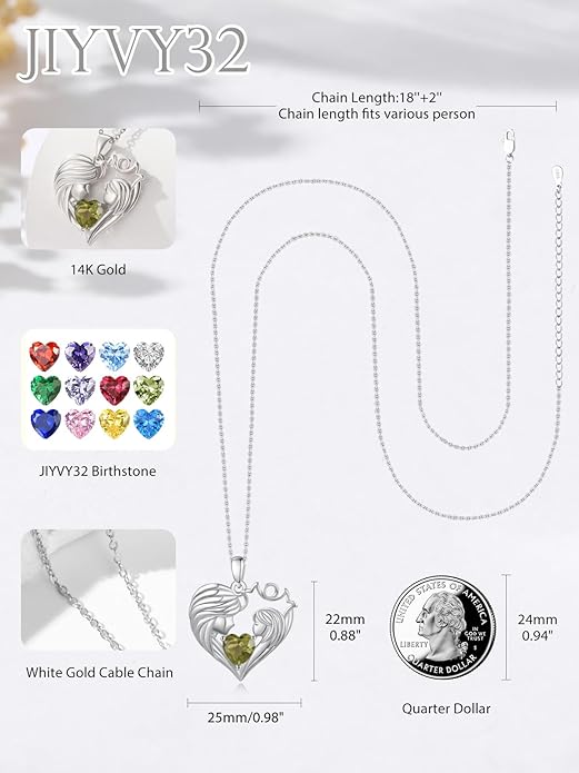 Mother and Daughter/Son Love Heart Necklace White Gold/14K Gold/Rose Gold Birthstone Jewelry Christmas Mothers Day Birthday Gifts For Mom Wife Grandma Women