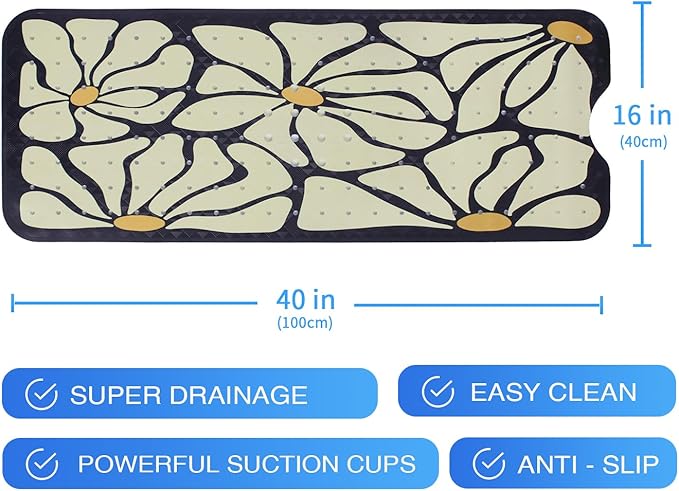 Floral Bathtub Mat Non Slip for Kids Botanical Extra Long Anti Slip Bath Mat for Tub Abstract Flower Bath Shower Mat with Large Drain Holes and Suction Cups Quality Plant Design Bathroom Decor 40x16in