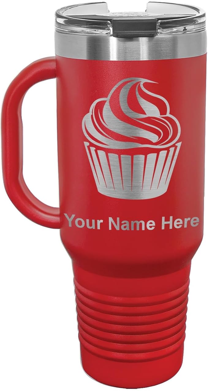 LaserGram 40oz Vacuum Insulated Travel Mug with Handle, Cup Cake, Personalized Engraving Included (Red)