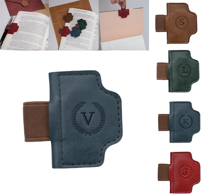 Personalized Magnetic Bygone Mark Bookmark with Pen Holder, 26 Letters Name Initial Custom Leather Book Mark for Women, Gifts for Book Lovers and Readers (Blue,V)