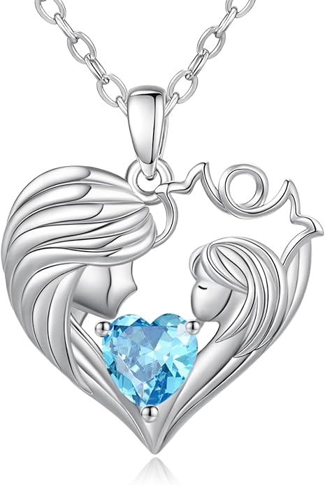 Mother and Daughter/Son Love Heart Necklace White Gold/14K Gold/Rose Gold Birthstone Jewelry Christmas Mothers Day Birthday Gifts For Mom Wife Grandma Women