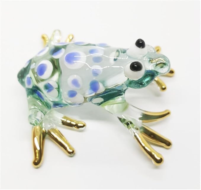 WitnyStore 1¾" Green White Blue Dot Frog Artistic Blown Glass Figurine Premium Hand-Blown Statue Tabletop Decoration Unique Collectible for Adult Collectors Handcrafted Elegant Home Room Decor