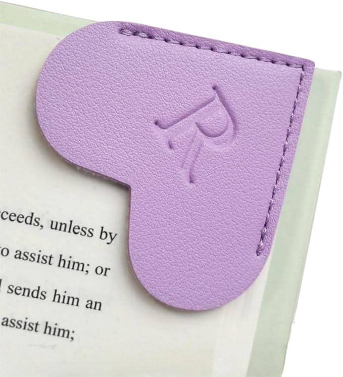 MOTEERLLU Personalized Leather Heart Bookmark with Initials, Handmade, Letter Cute Custom Corner Book Marks for Reading Women, Teachers, Students, Book Lovers, Book Accessories(Purple,R)
