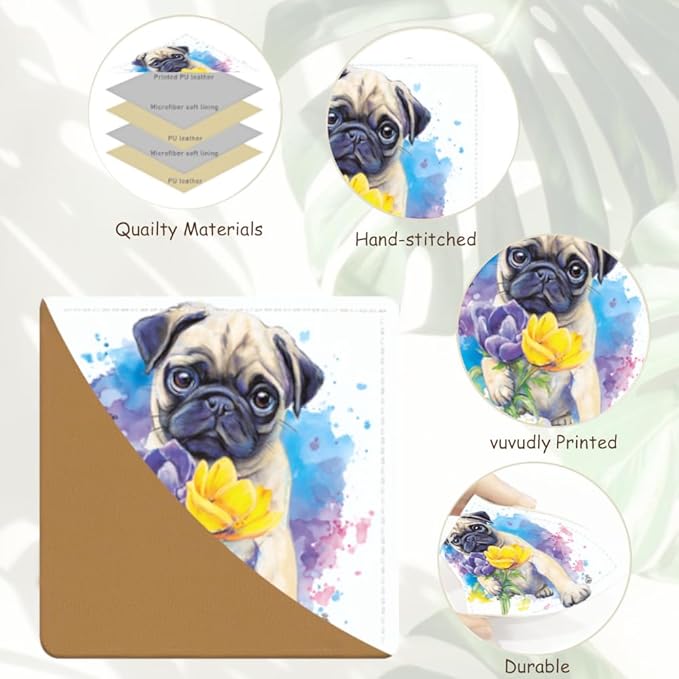 2PCS Leather Bookmarks 3.54 x 3.54 Inch Cute Pug Dog with Flowers Design Reading Accessories for Books Journals Bibles Travel Diary Students Teachers and Book Lovers Gift