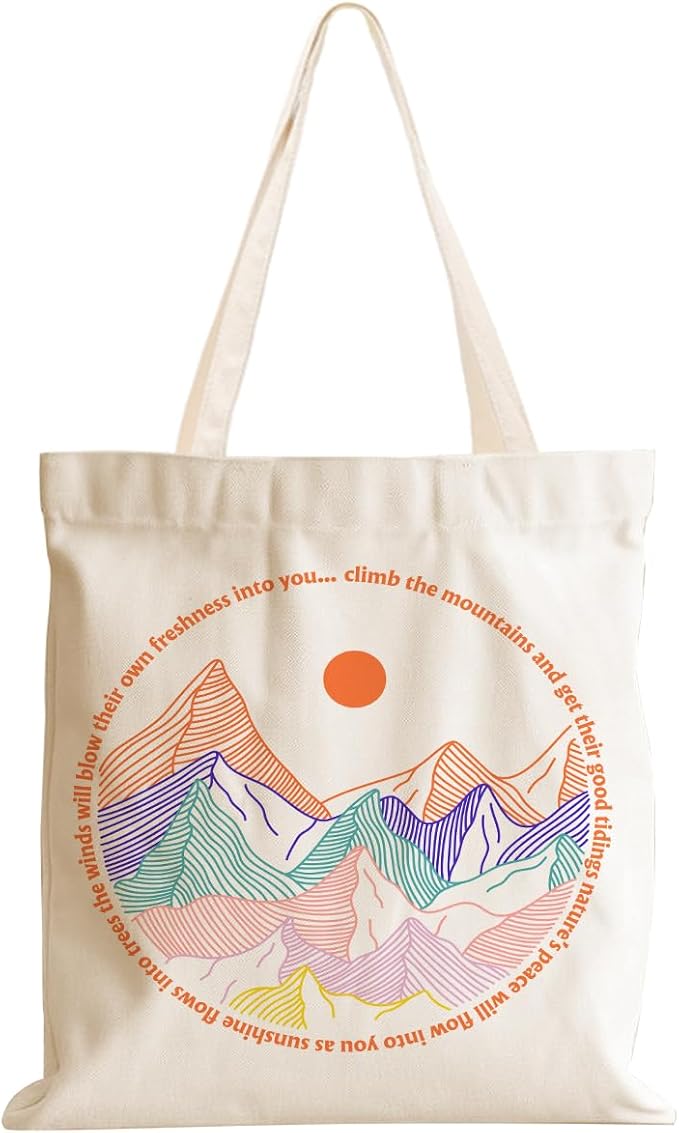 jeilink Cute Mountain Adventure Sunshine Canvas Tote Bag Camping Gifts Weekender Grocery Bags for Women Girls