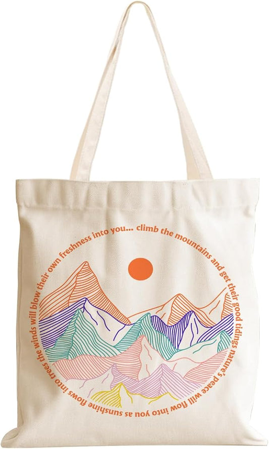 jeilink Cute Mountain Adventure Sunshine Canvas Tote Bag Camping Gifts Weekender Grocery Bags for Women Girls