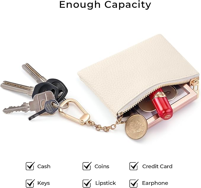 Beige White Keychain Coin Purse for Women, Small PU Leather Change Pouch, Zipper Little Tiny Travel Wallet for Girls, Cute Kawaii Zip Pocket Coin Holder with Key Ring