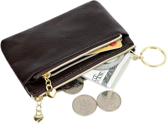 Women's Genuine Leather Coin Purse Zipper Pocket Size Pouch Change Wallet, Coffee