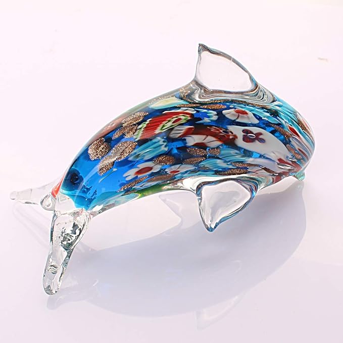 Quligeta Glass Dolphin Figurine Handmade Blown Sea Animal Sculpture Statue Paperweight Gift Collectible Home Desk Decoration Ornaments (Murano)