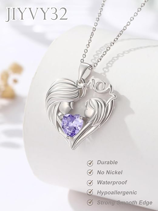 Mother and Daughter/Son Love Heart Necklace White Gold/14K Gold/Rose Gold Birthstone Jewelry Christmas Mothers Day Birthday Gifts For Mom Wife Grandma Women