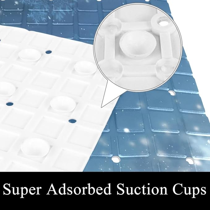 Non Slip Bath Mat for Tub, 15.1 x 26.8 Inch Bathtub Mat Machine Washable Shower Mat with Drain Holes and Suction Cups, Christmas Winter Snowfall White Snowflakes Blue Background
