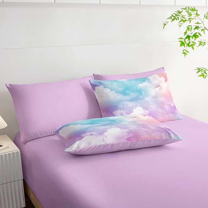 7Pcs Comforter Set Colorful Clouds Printed Bedding Set with 1 Comforter, 1 Flat Sheet, 1 Fitted Sheet and 4 Pillowcases for Boys and Girls Bedroom All Season(Full)