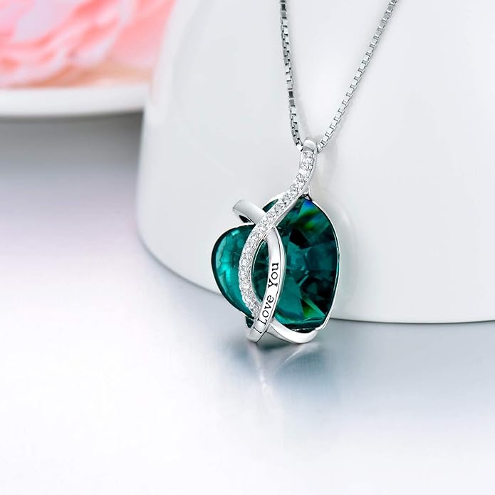 AOBOCO I Love You Sterling Silver 12 Birthstone Heart Pendant Necklace Embellished with Crystals from Austria, Mother's Day Anniversary Birthday Jewelry Christmas Gifts for Women Grandma Nana