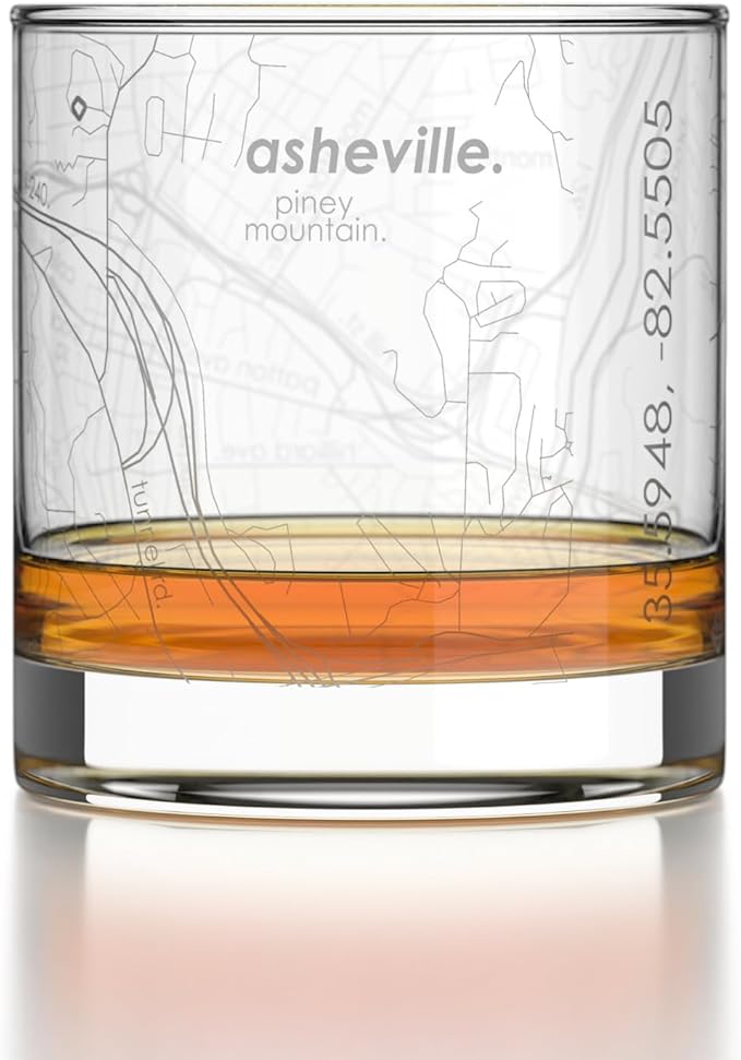 Well Told Engraved Asheville North Carolina Map Rocks Glass, Old Fashioned Glassware (11 oz, Clear) Etched Bourbon Tumbler, Gifts For Whiskey Lovers