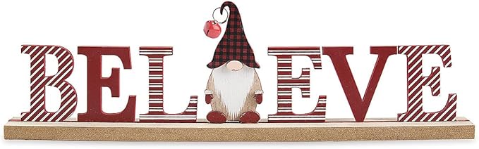 Lillian Vernon Christmas Believe Gnome Table & Shelf Sitter Sign, Seasonal Tabletop Decorations & Rustic Indoor Home Decor, 12” Long, MDF & Wood