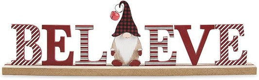 Lillian Vernon Christmas Believe Gnome Table & Shelf Sitter Sign, Seasonal Tabletop Decorations & Rustic Indoor Home Decor, 12” Long, MDF & Wood
