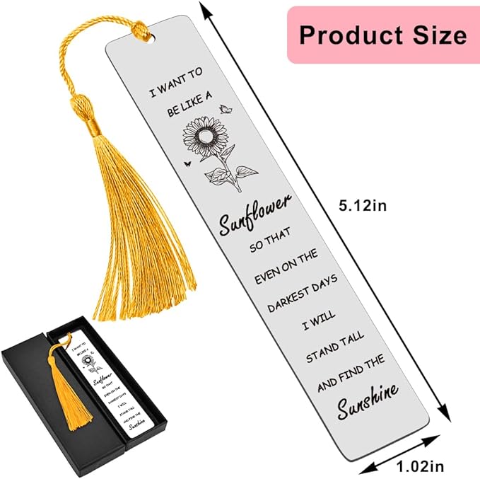 Quimoy Sunflower Gifts for Women Girls, Inspirational Gifts for Women, Sunflower Bookmark with 3 PCS Tassels for Christmas, Birthday, Valentine's Day, Thanksgiving, Graduation