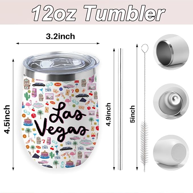Las Vegas Gifts Travel Souvenir Wine Tumbler 12 oz Insulated Wine Glass Cup with Lid Straw Vacuum Insulated Cup,Travel Lovers Gifts for Women Men Friend Birthday Christmas Friendship