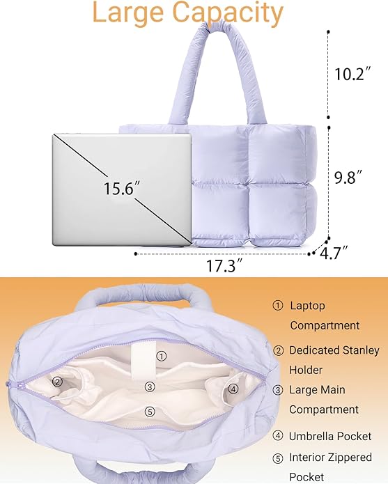 Herald Puffer Tote Bag for Women, Large Quilted Puffy Handbag Lightweight Satchel Purse with Cup Holder & Compartment