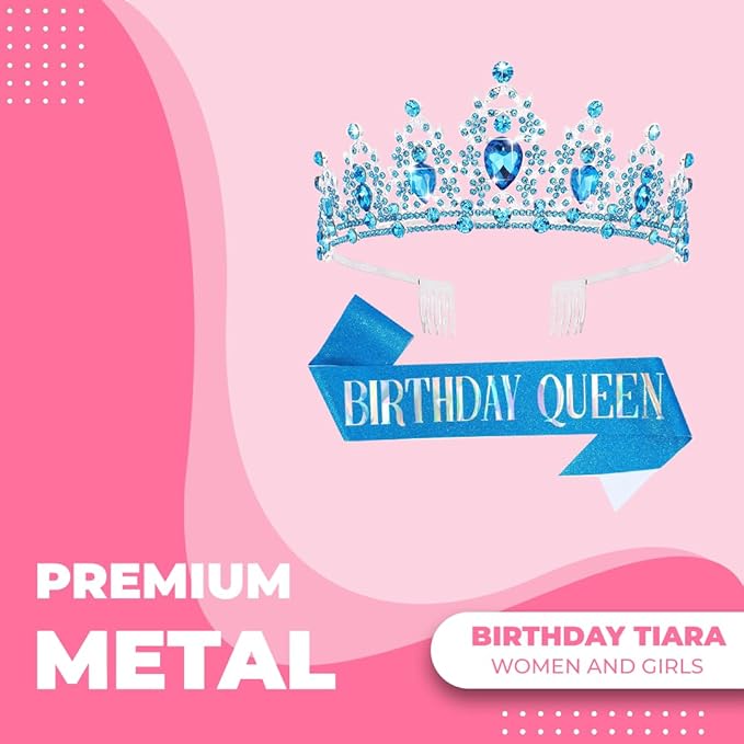 Birthday Tiara Crown with Sash for Women, Headband Hair Accessories for Wedding Party Costume (B-Blue)