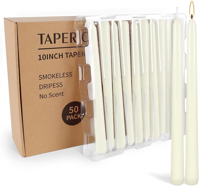 50 Pack Ivory Taper Candles, 7-8 Hours Burn Time, Unscented, Smokeless and Dripless, 4/5 x 10 Inch for Christmas,Household,Dinner,Wedding,Valentine's Day,Party and Home Décor Candlesticks
